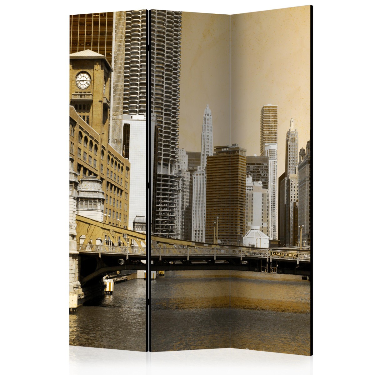 Paravent Chicago Bridge pour créer un coin bureau dans un salon loft industriel