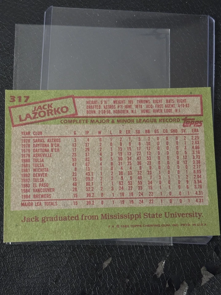1985 Topps 317 Jack Lazorko (RC) - Image 2 of 2