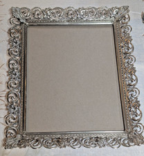 Vtg Gold Metal White Washed Filigree Floral Picture Frame Easel Back 10" x 12"