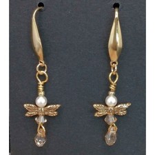 Dainty Artisan Dragonfly Fairy Earrings Whimsical Swarovski Pearl Gold Tone NEW