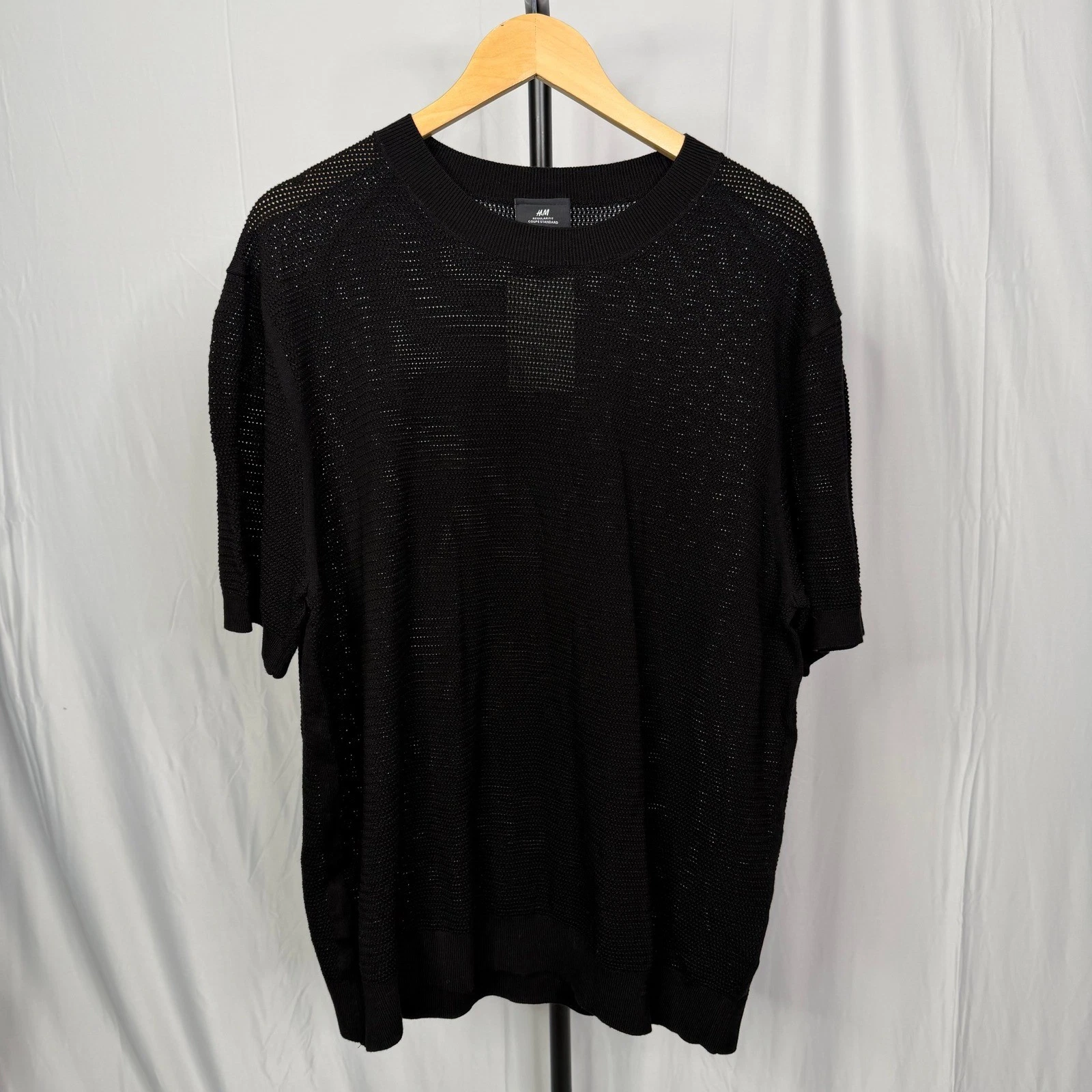 H&M Mens Regular Fit Mesh Knit Boxy T-Shirt Black Short Sleeve Crew Neck XL NWT image 8