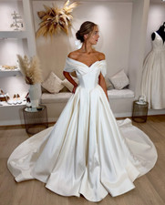 Vintage White Ivory Off the Shoulder Wedding Dresses A Line Satin Bridal Gowns