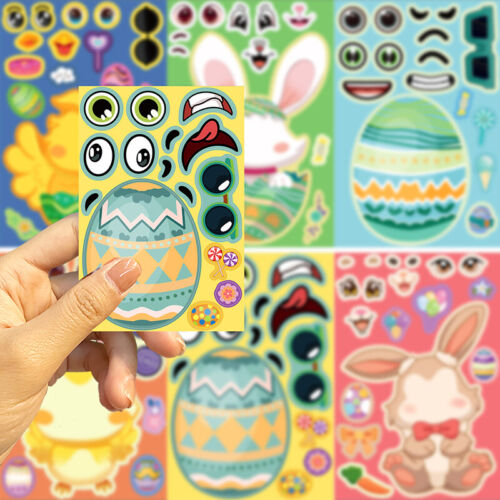8 Sheets Children DIY Easter Puzzle Stickers Make-a-Face Cute Cartoon Decals Sp - Picture 1 of 5