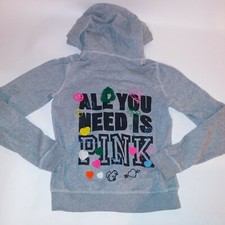 Victoria Secret PINK Hoodie Full Zip Sweater Medium Logo Gray Felt Hearts 2009