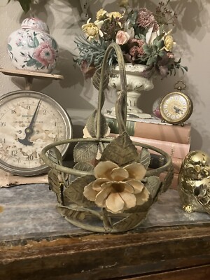 Vintage Tole Ware Floral Relief Metal Basket Decor Shabby Chic Cottagecore Pink