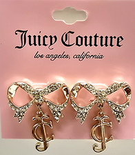 NEW JUICY COUTURE GOLD TONE CRYSTALS BOW HANGING LOGO 'JC' CHARM EARRINGS