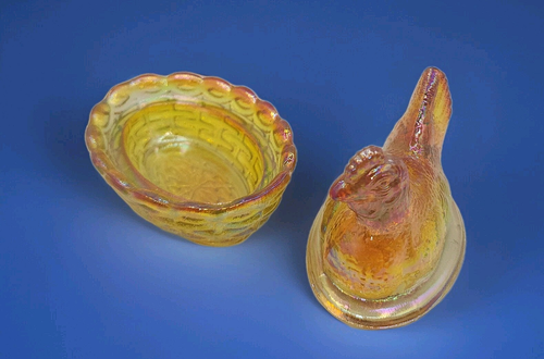 3" Hen Chick Marigold Iridized Glass Salt Cellar Trinket Covered On Basket Nest - Picture 8 of 16