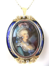 Antique 18k FJE Mary Antoinette diamonds cobalt blue enamel pendant/pin Chain