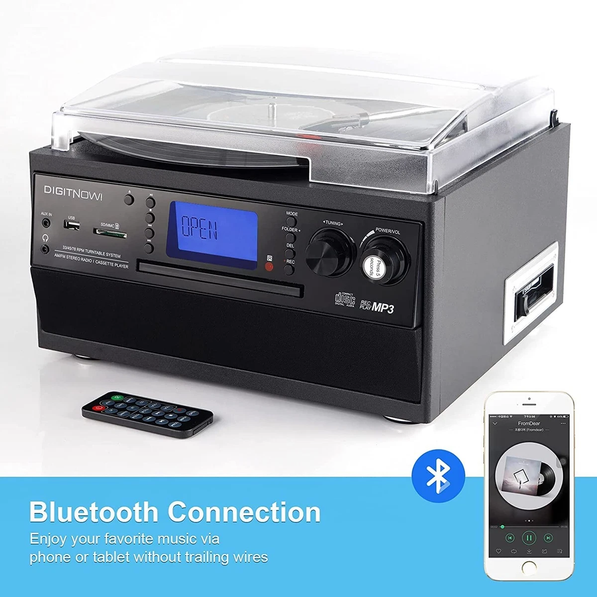 DIGITNOW Bluetooth Vinyl Record Player with Built in HI-FI Speakers