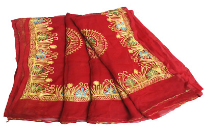 Bridal Red Dress Women Wrap Sari Used Embroidered Sewing Indian Vintage Saree 5Y