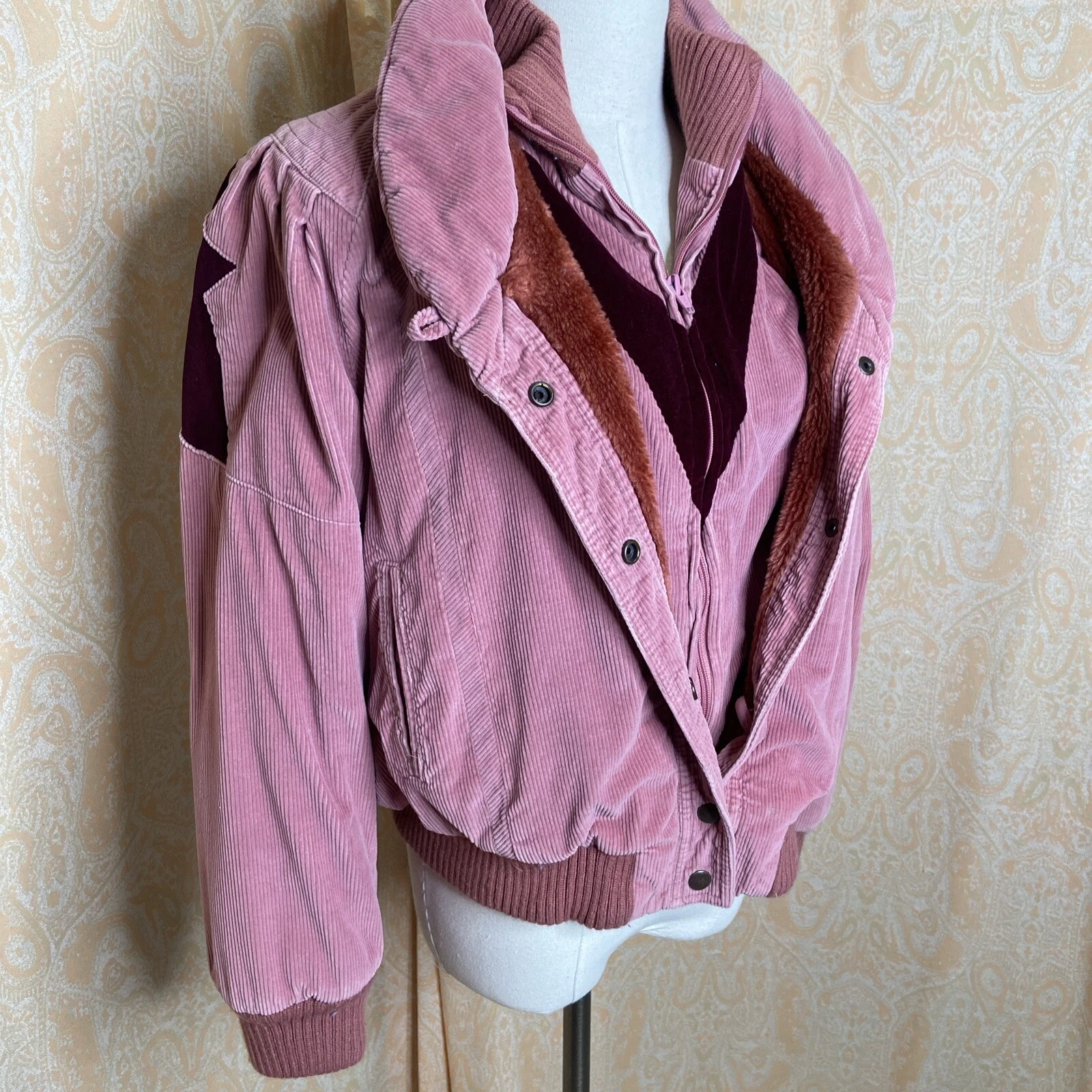 Vintage 1980’s Bomber Jacket Coat Pink Corduroy Faux Fur Velvet
