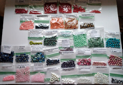 Lots Of NOS Semi Precious Round Gemstones, Glass, & Glass Pearl Beads U Pick