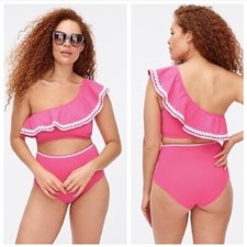 J Crew One Shoulder Top and High Waisted Bikini Set in Pink Rickrack S
