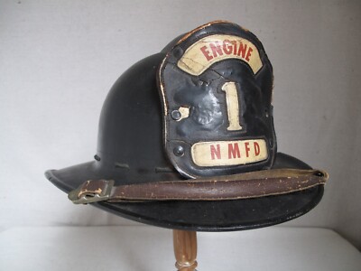 Vintage MSA Metal Fire Helmet with Leather Badge Engine 1 N M Fire Dept