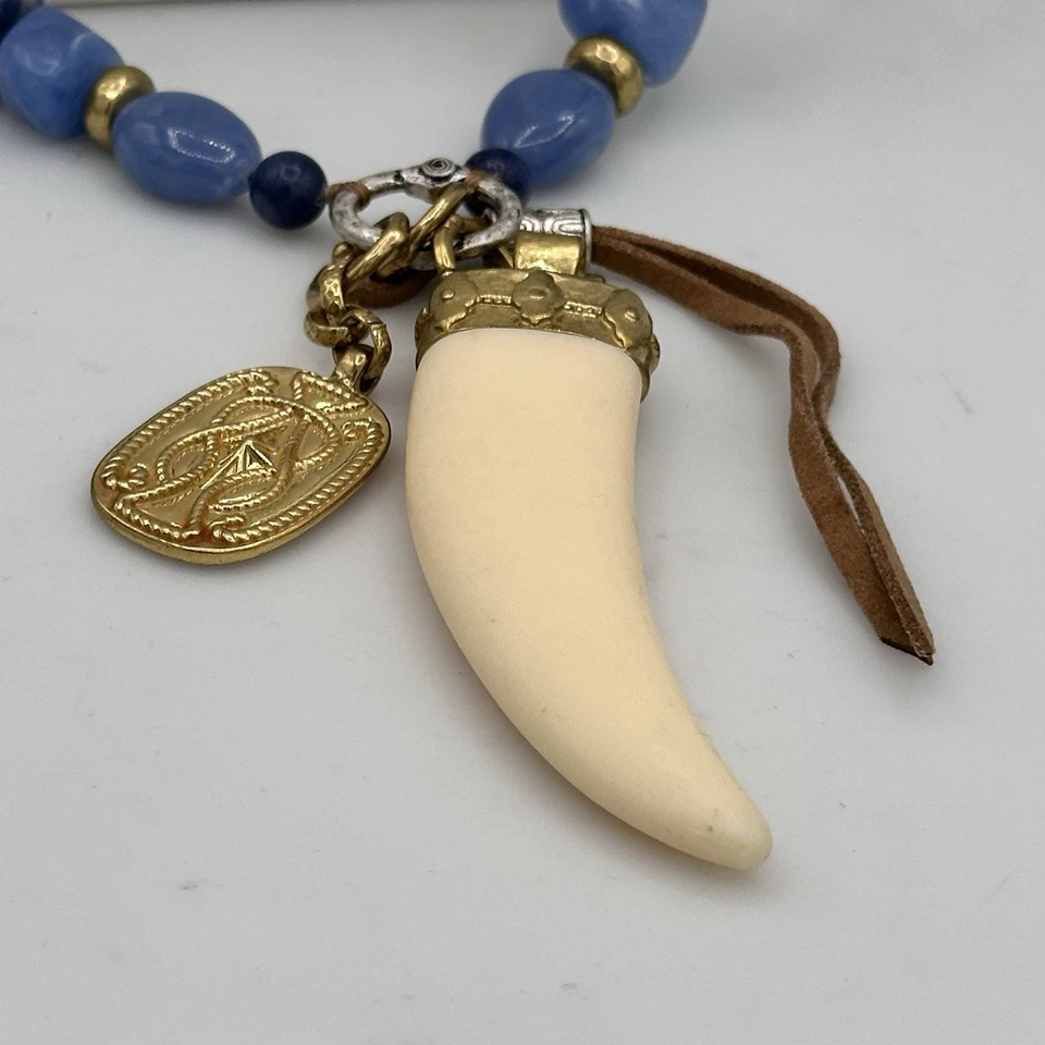 Chico’s Blue Bead Necklace w/ Resin Tusk Pendant & Gold Tone Charms Adjustable - Image 3 of 4