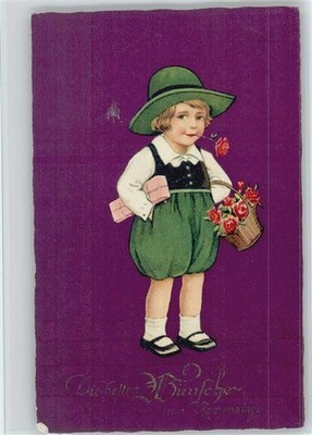10048785 - Kind mit einer Rose im Mund und ein Paket unter dem Arm Verlag Amag
