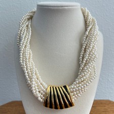 Multi Strand Faux Pearl Necklace Cream Gold Black Enamel Slide Statement Classic