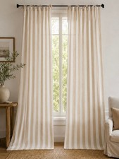 Tie Top Linen Look Curtains 110cm x 210cm Pair Beige White Stripe