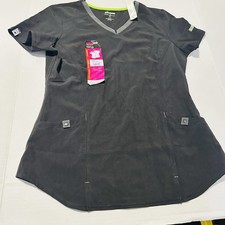 Womens Small Black Scrub Top -Active V Neck Scrubstar Scrubs Gray Detailing