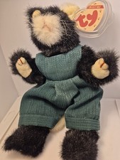 TY Attic Cat PURRCY Black  White Dk Teal Overalls Green Eyes Jointed 8.5"