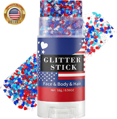 Red White and Blue Face Hair Body Glitter Stick with Heart & Star Sequins,4Th of