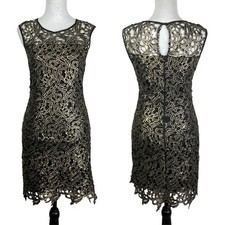 Gianni Bini Womens Arianna Small Black & Gold Metallic Lace Overlay Sheath Dress