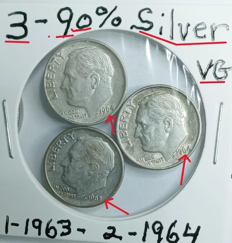 Lot Of 3 Roosevelt Dimes 1- 1963 -2-1964 90% Silver VG Condition Look see & Judg
