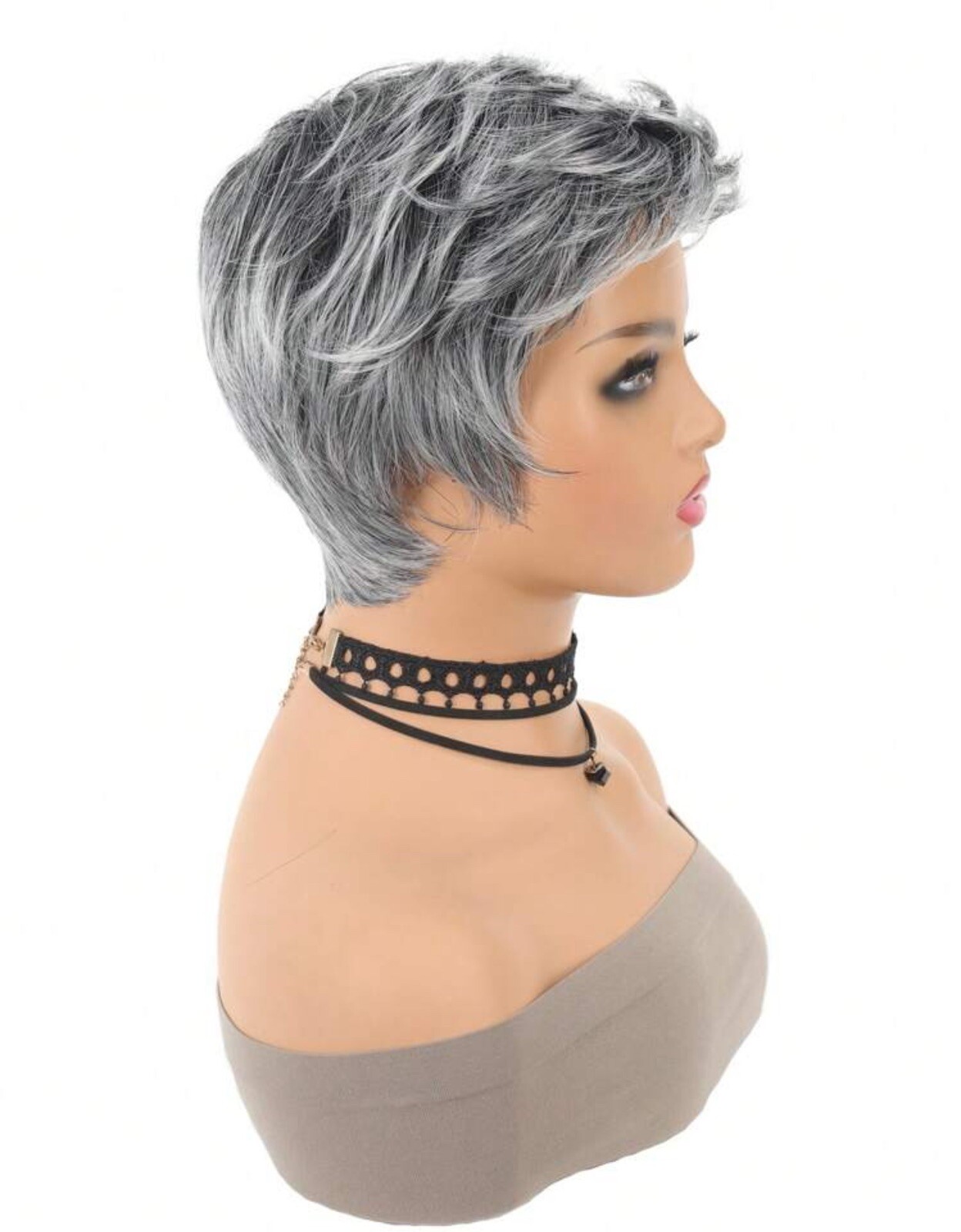 Perruque synthétique femme pixie grise courte wig frange cheveux