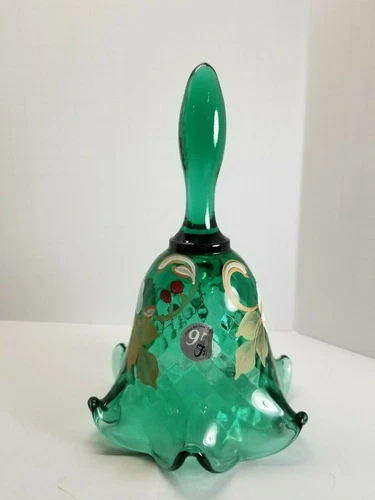 Fenton Art Glass Bell Green Optic Floral Ruffled 95th Anniversary Signed