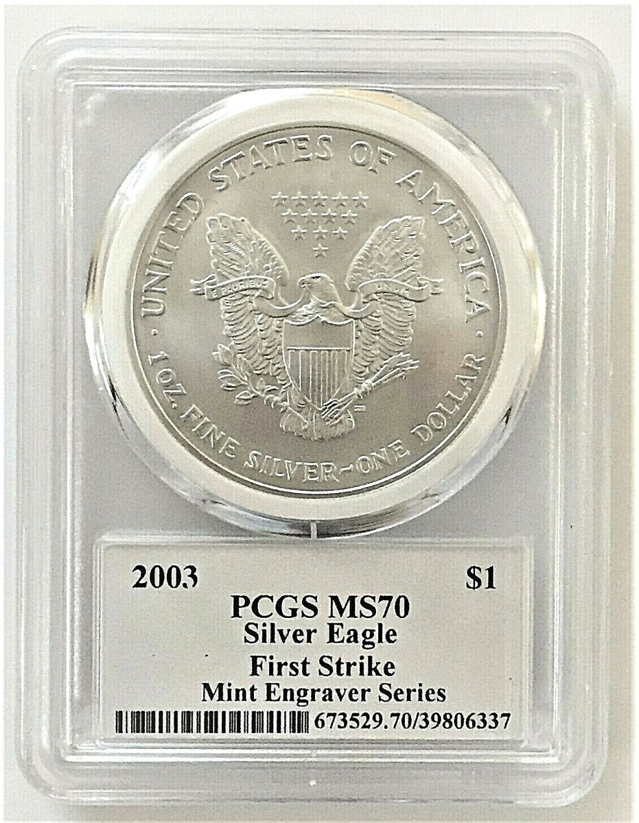 2003 SILVER EAGLE FIRST STRIKE PCGS MS70 MERCANTI MINT ENGRAVER