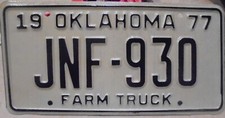 1977 OKLAHOMA FARM TRUCK LICENSE PLATE-NICE JNF-930-JOHNSTON CO. NOS