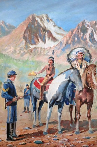 Rare Oil Painting - "Native Americans Arrive at a Military Fort in Wyoming" - Picture 3 of 20