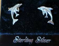 NEW STERLING SILVER 925 CURVED MOM BABY DOLPHINS POST EARRINGS 1.8 GRAMS -.75"