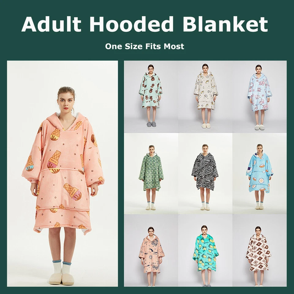 Adults Oversized Hooded Blanket Hoodie Comfy Sherpa Fleece Wearable Sweatshirt