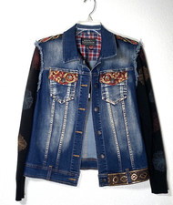 Montanaco Denim Jean Jacket Sweater Knit Sleeves Sz L Women Sequin Boho Country