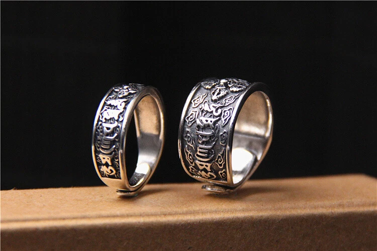 B25 Anello Vajra 6 Wort Mantra Paio Partner Anello Nuziale Amicizia Argento 925 - Immagine 2 di 4