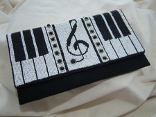 Mary Frances Piano Keys Beaded Handbag Clutch Treble Clef Blk White Music