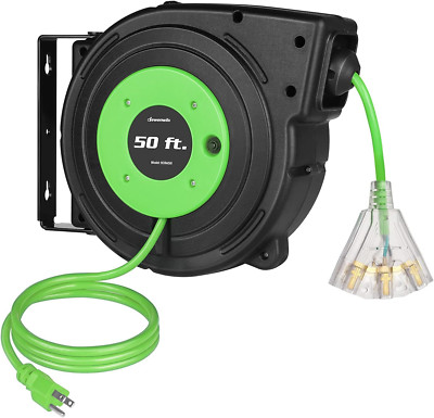 50FT Retractable Cord Reel with Triple Tap & Circuit Breaker, UL Listed