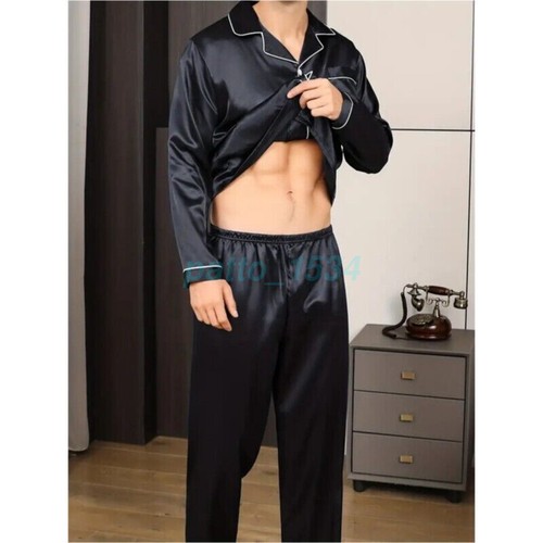 Mens Silk Satin Pajamas Set Sleepwear Tops+Long/Short Sleeve Pyjamas Nightwear - Picture 7 of 17