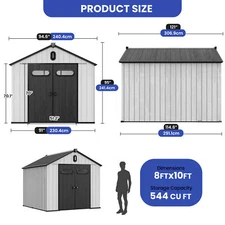 8x10 FT Resin Outdoor Storage Shed Weatherproof Tool House with Skylight & Vent