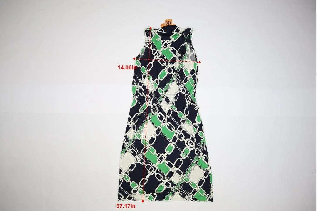 Abito donna Tory Burch verde e blu navy stampa maglia catena senza maniche seta XS