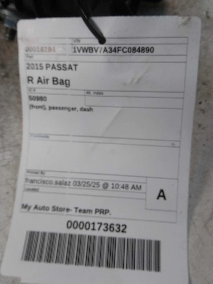 2015 Volkswagen Passat Instrument Panel Air Bag Right Black 7989 97K Miles Foto 3 de 4