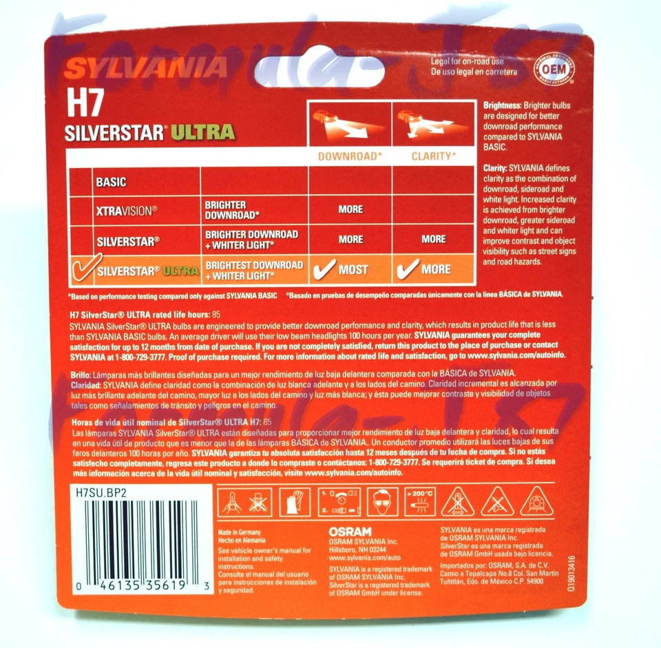 Sylvania SilverStar Ultra H7 55W Two Bulbs Head Light Low Beam Replacement Legal - Image 3 of 4