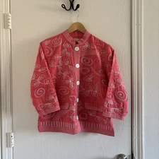 Norm Thompson Women’s Jacket Size PM Petite Medium Pink White Embroidered 