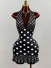 LATEST DESIGN Black Polka Dot Bodycon Mini Dress Club Evening SIZE 8 UK