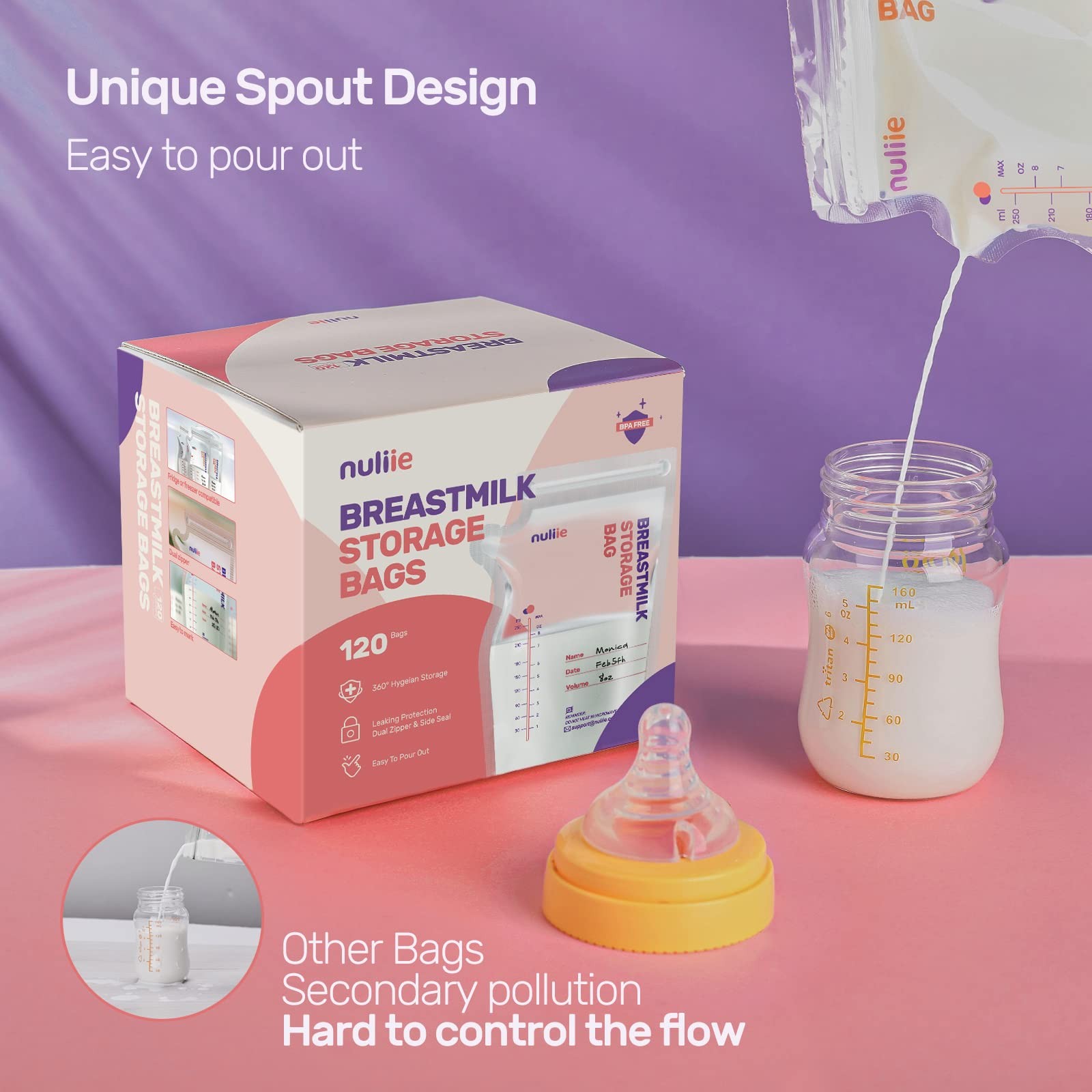 Nuliie 120 Pcs Breastmilk Storage Bags, 8 OZ Breast Milk Storing Bags, BPA-F...