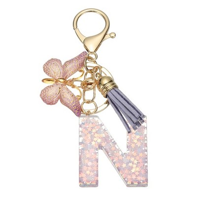 Alphabet N Tassel Butterfly Initial Letter Keychain (Purple, Pack of 1)