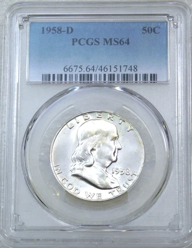 1958-D Franklin Half Dollar PCGS MS64 95% FBL Frosty & Bright New Holder #Q135Q