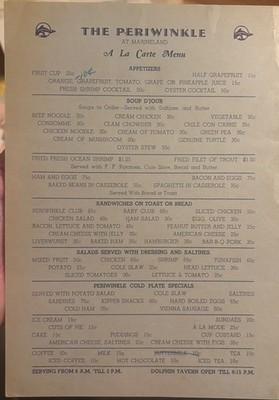 Vintage 1950s Marineland Florida ''The Periwinkle'' Snack Bar Menu