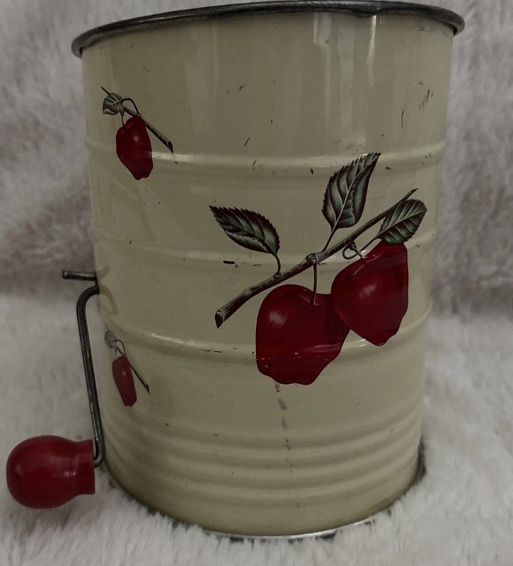 Vintage Metal Hand Cranked Flour 3Cup Sifter Red Apple Motif Farmhouse Retro